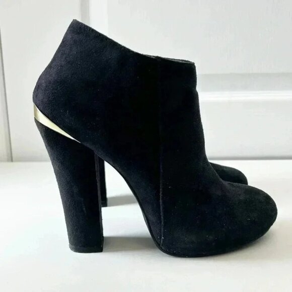 Attitude Jay Manuel Faux Suede Chunky Heel Ankle Boots Black Gold Accent Size 8 - Picture 2 of 16